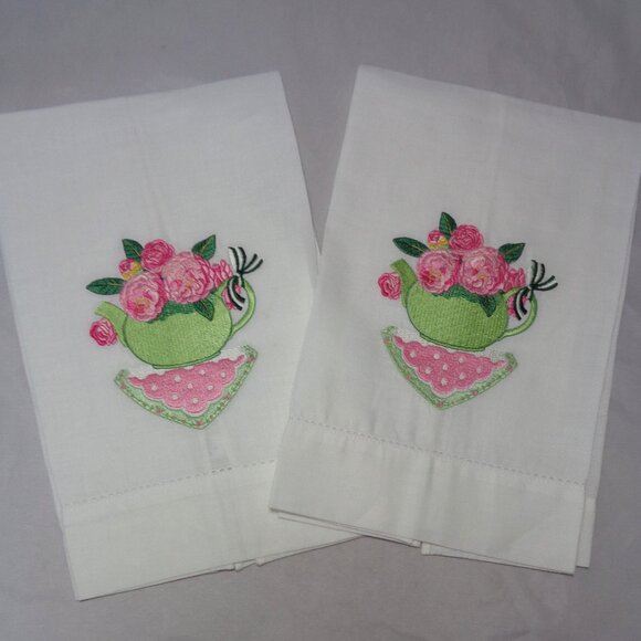 2 Sandy Clough Ramie & Cotton Embroidered Teapot and Roses Tea Towels NWOT - Picture 1 of 5